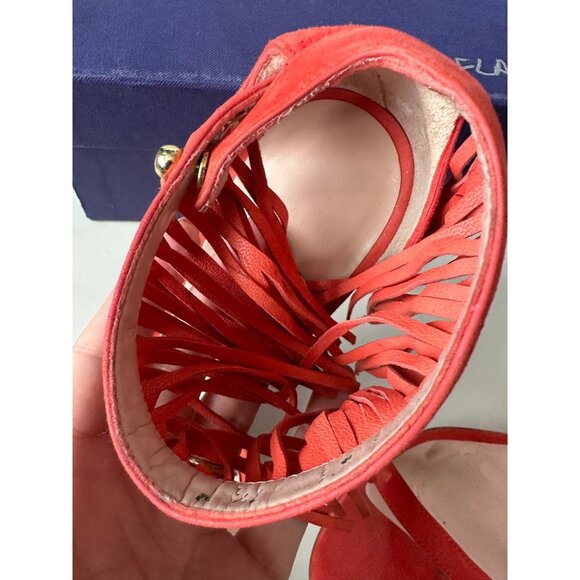 STUART WEITZMAN Red Suede Fringe Ankle Strap Heels Size 7.5 - Picture 5 of 9